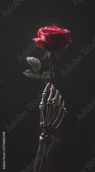 Fototapeta A skeletal hand delicately holds a single, dark red rose against a moody, charcoal-grey backdrop. The image evokes a sense of somber beauty and macabre elegance