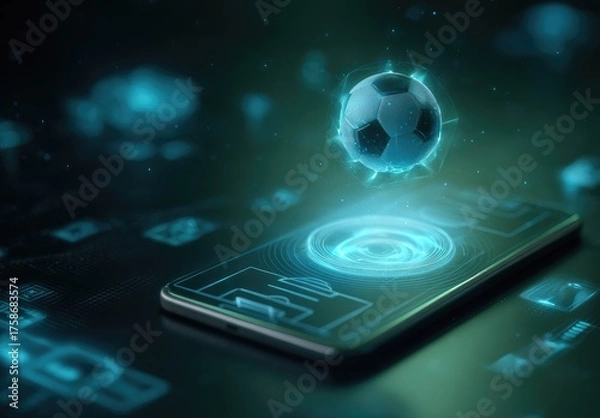 Fototapeta A soccer ball hovers above a smartphone displaying a digital soccer field, surrounded by glowing teal data points, suggesting a mobile sports app or online gaming interface