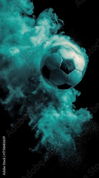 Fototapeta A soccer ball in motion, engulfed by a teal-colored cloud of dust and smoke against a stark black background; dynamic, energetic composition