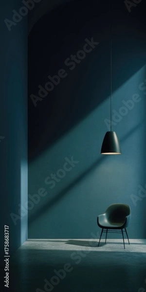 Fototapeta A solitary chair sits in a dimly lit, teal-walled room, bathed in sunlight streaming through a window, illuminated by a single pendant lamp