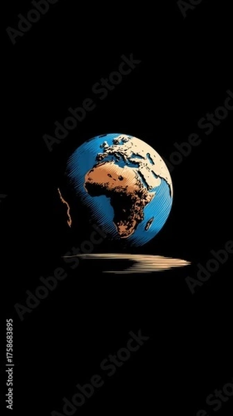 Fototapeta A stylized Earth globe, predominantly blue and tan, floats against a stark black background, casting a subtle shadow below.  Its continents are visibly textured
