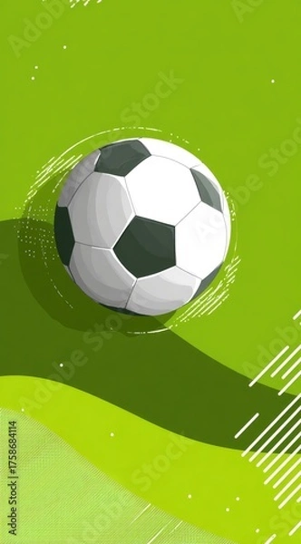 Fototapeta A stylized soccer ball floats above a vibrant green field, rendered in a cartoonish style with motion lines suggesting movement and a subtle shadow