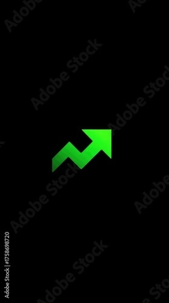 Fototapeta A vibrant green arrow ascends, zig-zagging upwards against a stark black backdrop, symbolizing growth, progress, and positive momentum