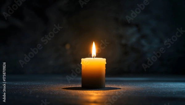 Obraz Solitary candle, warm golden glow, light and hope, dark textured background, shallow depth, soft focus, dramatic, serene, contemplative, central composition generative AI