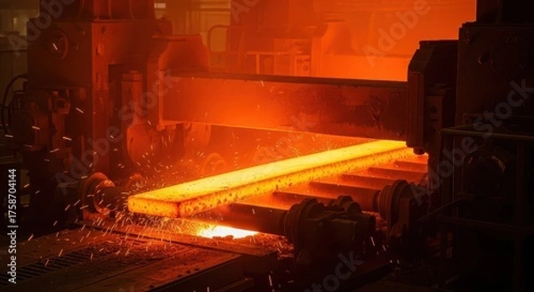Fototapeta Hot steel bar being processed in a steel mill, glowing with heat and sparks, showcasing the industrial manufacturing process