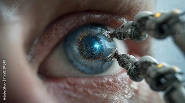 Fototapeta A high-tech medical scene shows an intelligent robotic AI system operating a precise eye surgery. The advanced robotic arms are positioned over the patient’s eye under bright surgical lights