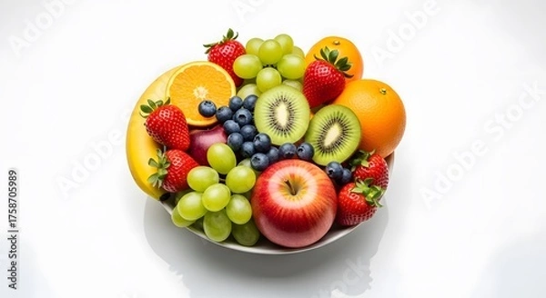 Fototapeta A vibrant arrangement of fresh fruits presented in a bowl, showcasing nature's delicious bounty. The image is a visual treat