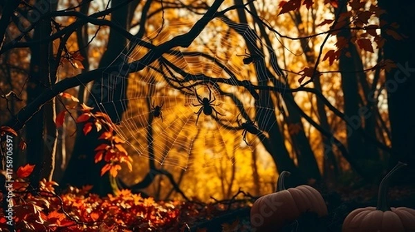 Fototapeta Spooky Autumn Forest with Spiders, Cobwebs, and Pumpkins