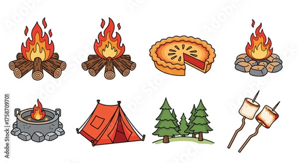 Fototapeta A cozy camping design with campfires, tents, trees, delicious pie, & roasted marshmallows, Perfect for outdoor adventures and summer fun projects