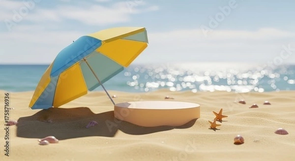 Obraz Summer Beach Scene With Umbrella And Display Stand