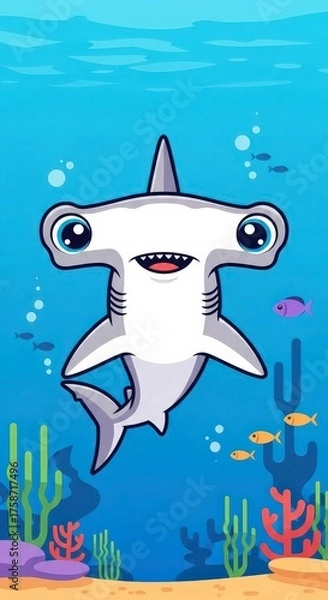 Obraz Adorable Hammerhead Shark Swimming in the Deep Blue Ocean Sea
