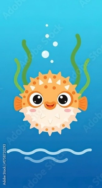 Obraz Cute Pufferfish Swimming Underwater Among Seaweed
