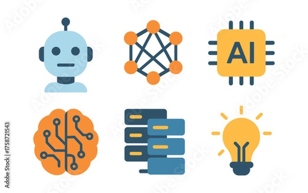 Fototapeta Ai technology icons: robot, neural network, circuit, lightbulb, and data design