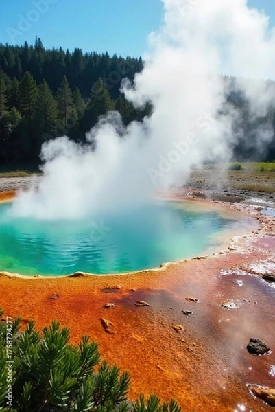 Fototapeta Mystical Geothermal Hot Spring Ethereal Steam and Vibrant Colors in Lush Landscape