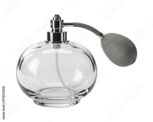 Fototapeta Vintage glass perfume atomizer with metallic bulb and clear liquid inside.