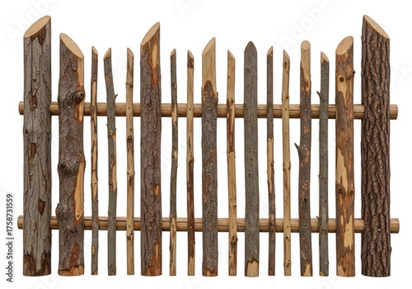 Fototapeta Rustic wooden fence posts natural logs isolated on a transparent background