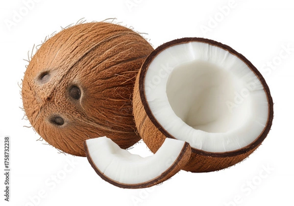 Fototapeta Whole halved coconut slice brown isolated on a transparent background