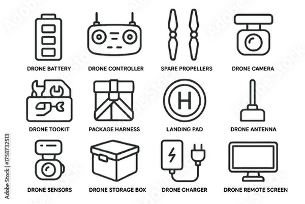 Fototapeta Sensors package icons battery drone vector harness equipment icon box antenna pad