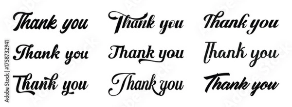 Fototapeta Set of different black thank you text illustration,. Thank You” text designs in multiple fonts and styles