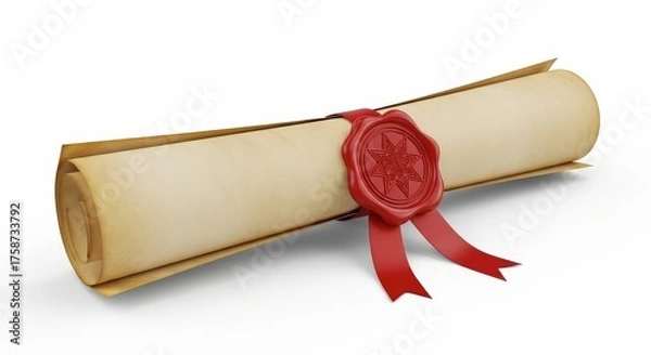 Obraz A Vintage Rolled Parchment Document Sealed with Red Wax and Ribbon