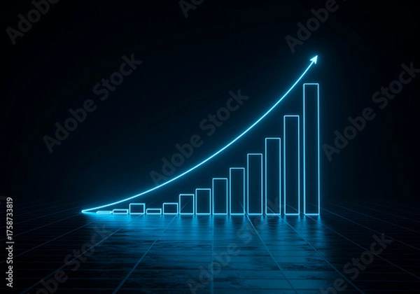 Fototapeta Glowing blue bar graph with upward trending arrow symbolizing financial growth and success