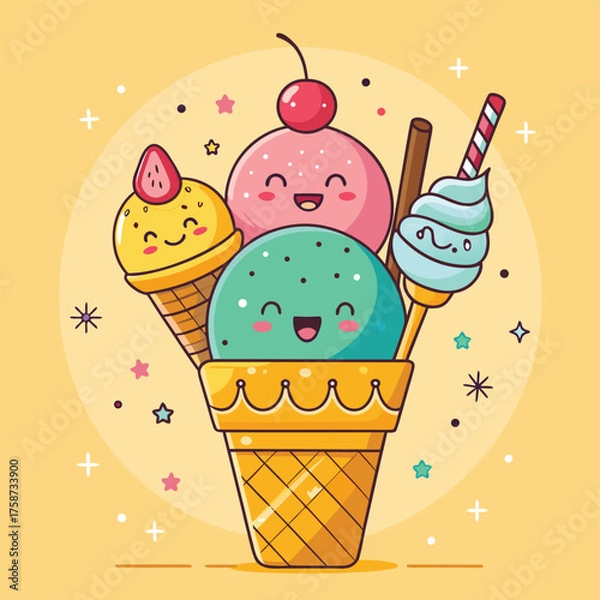 Obraz Melting ice cream with colorful candy sprinkles on wafer background. Waffle cone with dripping pink dessert texture. Minimal flat design for template banner, poster, label, Vector illustration