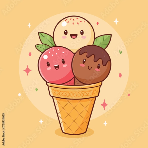 Obraz Melting ice cream with colorful candy sprinkles on wafer background. Waffle cone with dripping pink dessert texture. Minimal flat design for template banner, poster, label, Vector illustration