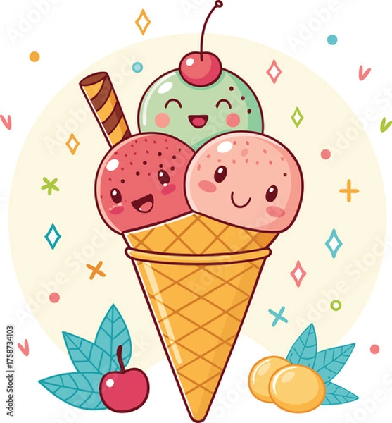 Obraz Melting ice cream with colorful candy sprinkles on wafer background. Waffle cone with dripping pink dessert texture. Minimal flat design for template banner, poster, label, Vector illustration