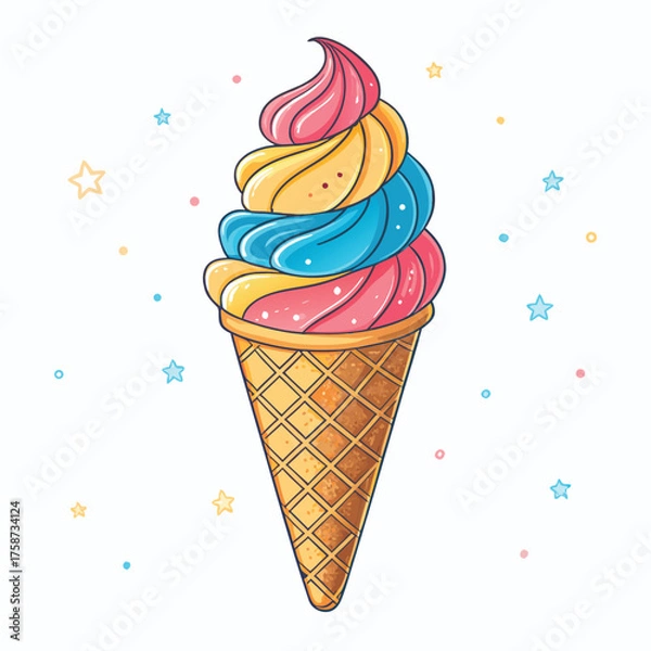 Obraz Melting ice cream with colorful candy sprinkles on wafer background. Waffle cone with dripping pink dessert texture. Minimal flat design for template banner, poster, label, Vector illustration