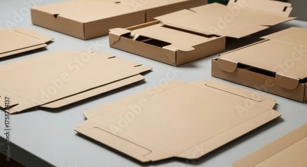Obraz Closeup of unfolded cardboard boxes on a table, ready for assembly and packaging, showcasing the simplicity of packaging design