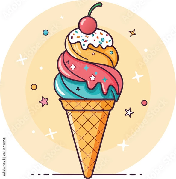 Obraz Melting ice cream with colorful candy sprinkles on wafer background. Waffle cone with dripping pink dessert texture. Minimal flat design for template banner, poster, label, Vector illustration