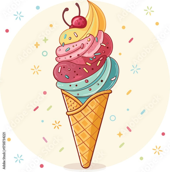 Obraz Melting ice cream with colorful candy sprinkles on wafer background. Waffle cone with dripping pink dessert texture. Minimal flat design for template banner, poster, label, Vector illustration