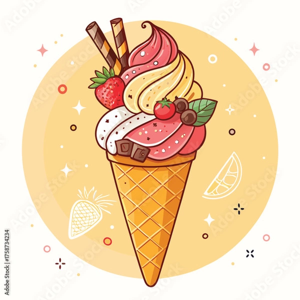 Obraz Melting ice cream with colorful candy sprinkles on wafer background. Waffle cone with dripping pink dessert texture. Minimal flat design for template banner, poster, label, Vector illustration