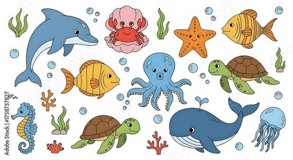 Obraz Cute Cartoon Underwater Ocean Sea Life Creatures Collection