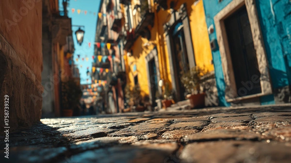 Fototapeta Cobblestone street in a vibrant city with colorful buildings