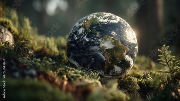 Fototapeta Planet earth resting on mossy ground in a lush environment
