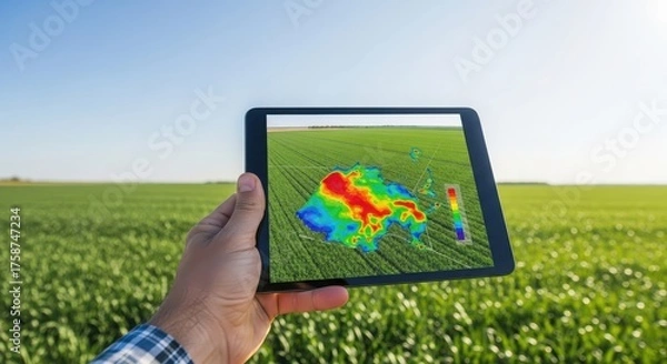 Obraz Hand holding tablet with thermal heat map of crop field, showing areas of stress and potential problems in agriculture farm