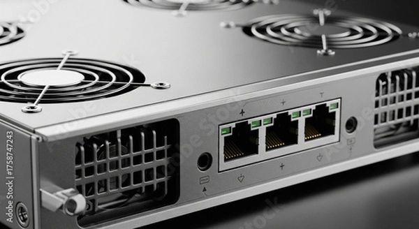 Fototapeta Closeup of Ethernet Ports and Cooling Fans on Network Server Hardware
