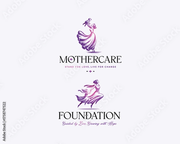 Fototapeta Beautiful happy mother and kid's logo template for foundation community