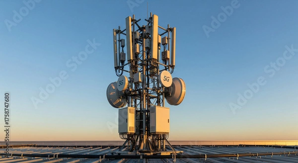 Fototapeta 5G Cell Tower Antenna Array on a Rooftop Against Clear Sky at Sunset