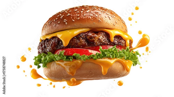 Obraz big fresh burger with cheese and bacon isolated on white background