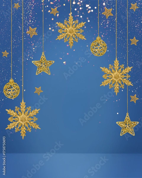 Fototapeta Christmas blue background with Christmas tree decorations with a golden snowflake, star and ball and golden lights with copy space. New Year and Christmas card.