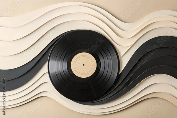 Obraz A vinyl record anchors flowing soundwave layers in beige and black. A stylish tribute to musical rhythm, analog nostalgia, and modern design harmony. generative ai