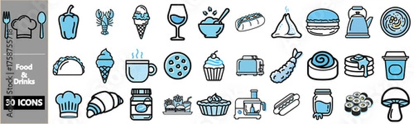 Fototapeta A collection of 30 food and drink icons in a line art style with blue color accents, arranged in a grid on a white background.