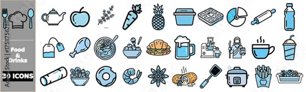 Fototapeta A collection of 30 food and drink icons, featuring items like fruits, vegetables, prepared meals, and beverages, presented in a clean, modern style.