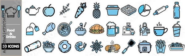 Fototapeta A collection of 30 food and drinks line icons with blue color accents, including fruits, meals, and kitchen utensils.
