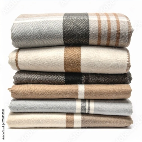 Fototapeta Stack of Folded Striped Wool Blankets in Neutral Tones on White Background