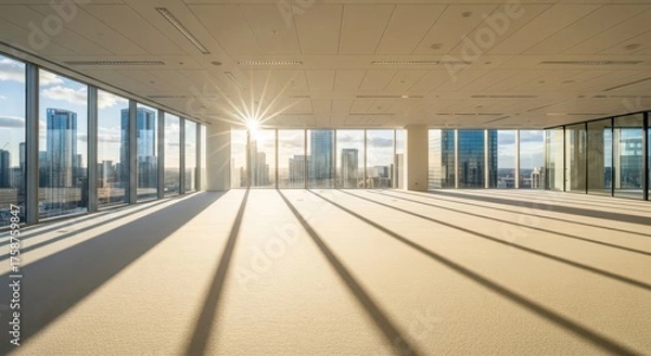 Obraz Bright and spacious empty office interior with panoramic windows offering city skyline view and sunlight shining through the glass