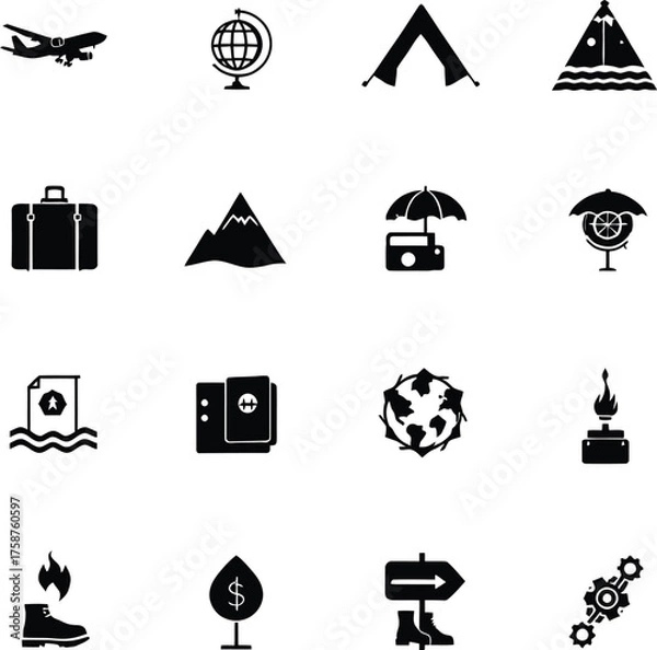 Obraz A collection of travel and adventure icons in black silhouette against a white background displaying items