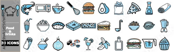 Fototapeta A collection of 30 food and drink icons featuring various culinary items, kitchen tools, and beverages in a flat design style.